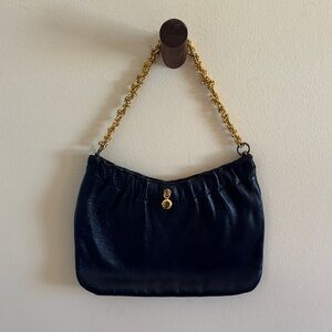 Elegant Dark Navy Leather Bag with Gold Chain